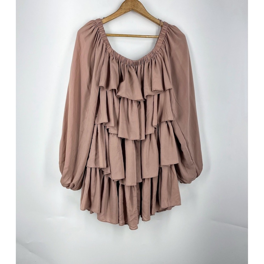 Mable Mauve Pink Tiered Ruffle Mini Dress Off Shoulder Balloon Sleeve NEW